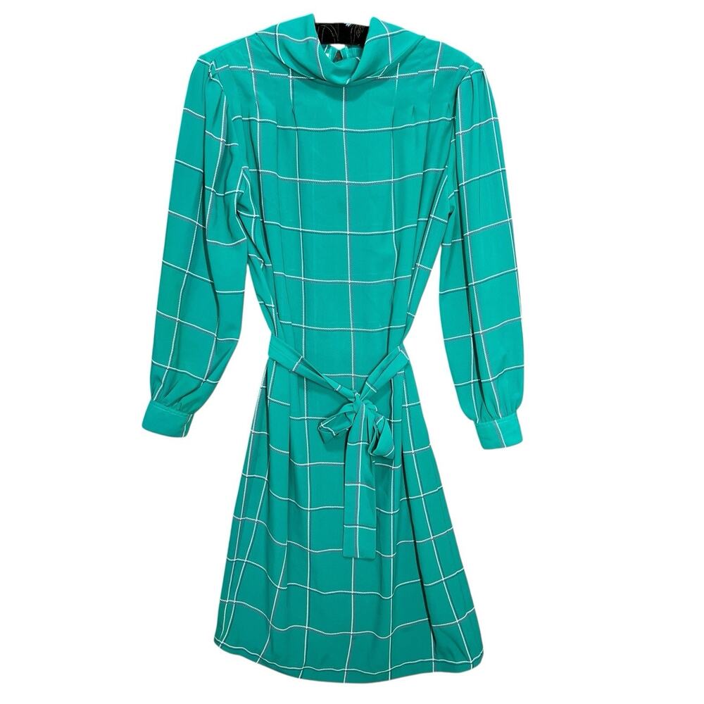MS CHAUS Womens VTG Dress Size M Green Plaid Mock Neck Tie Waist Secretary‎ Bow